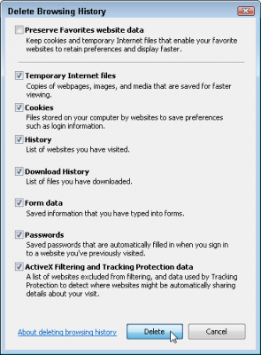 Check all the boxes but the first one to delete everything Internet Explorer remembers about your web browsing habits.