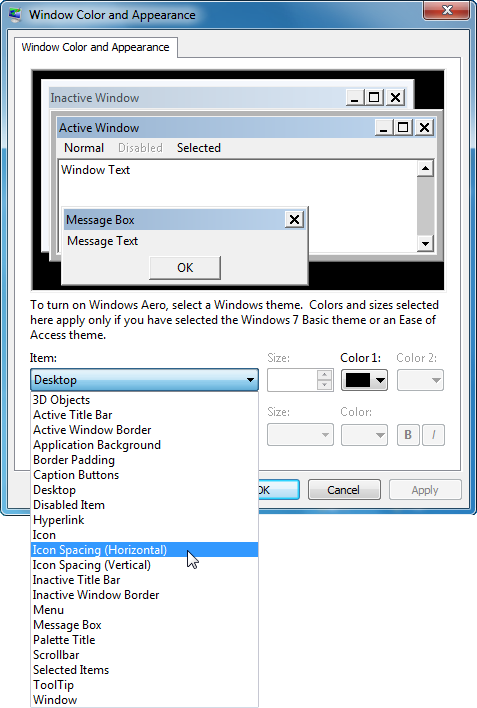 Adjust Windows 7's icon spacing through the Windows Color and Appearance window.