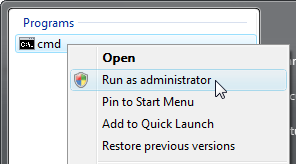 Right-click the word CMD and choose Run as Administrator from the pop-up menu.