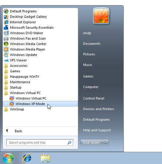 Open a Windows XP window by clicking Start, clicking All Programs, clicking Windows Virtual PC, and clicking Windows XP Mode.
