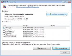 Windows 7's Disk Defragmenter program lists all your drives, when they were last run, and their percentage of fragmentation. (You want to see zero percent listed.)