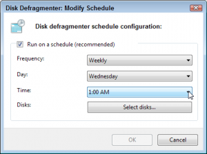 Click the Configure Schedule button to change when Windows 7 defragments your hard drive.