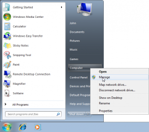 Click the Start button, right-click Computer, and choose Manage from the pop-up menu.