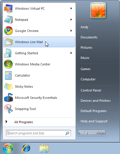 Click the Start menu, and choose Windows Live Mail.