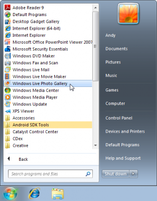 Choose Windows Live Photo Gallery from the Start menu.