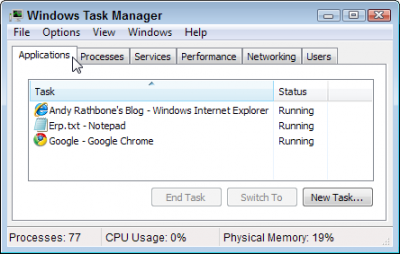 To see your currently running programs, click the Task Manager's Applications tab.