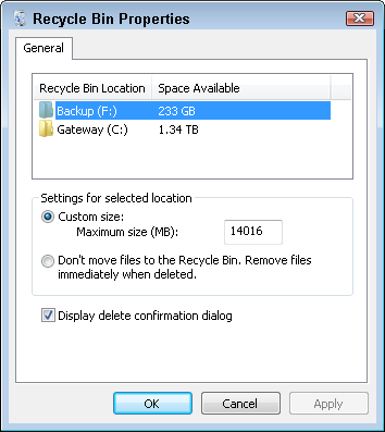 Right-click your Recycle Bin and choose Properties to see your deleted files.