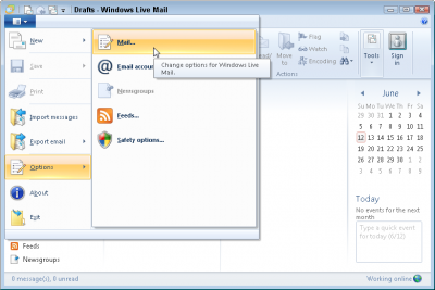Click the Windows Live Mail Main menu, choose Options, and choose Mail.