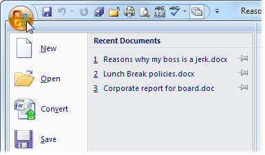 Recently opened documents listed in Microsoft Word 2007