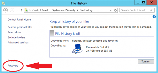 Choose Recovery from the File History window's bottom, left corner.