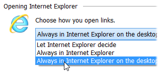 Choose "Always In Internet Explorer on the Desktop" to make the the Mail app's links open on the desktop's Internet Explorer.