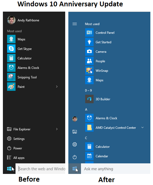 Before the Anniversary update (left) and after (right)